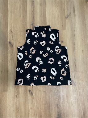 Ann Taylor Black Mock Neck Sleeveless Blouse with Beige Leopard Spots